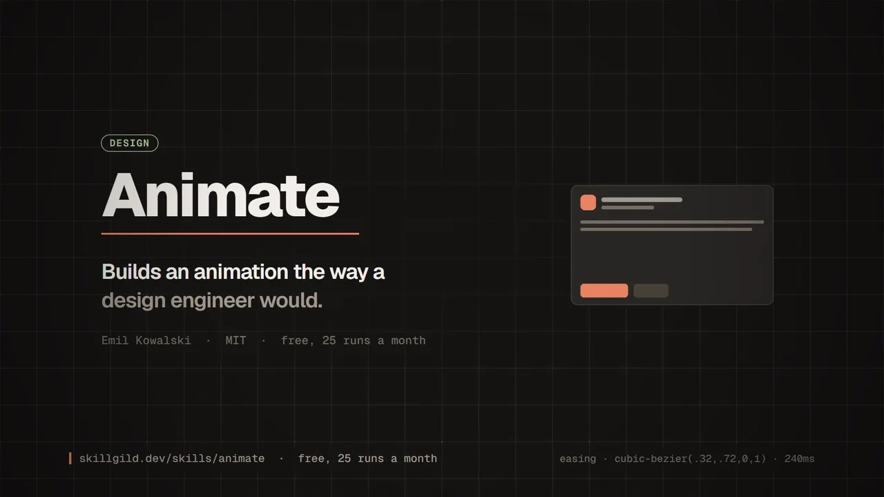 Two identical cards animate side by side, one on linear and one on cubic-bezier(.32,.72,0,1); a bezier editor then drives a card, transform and opacity are kept while width, height and top are struck out, a blocked main thread is set against a clear compositor lane, and a sibling fixes a diff