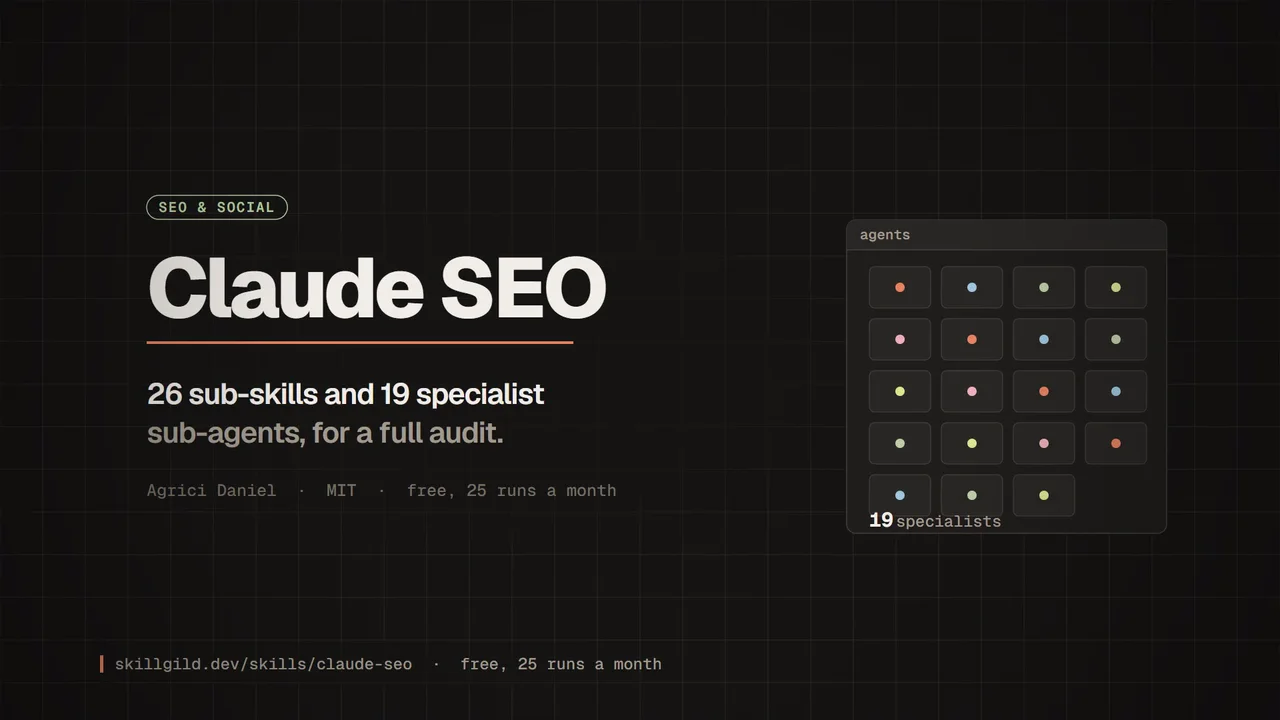 The command /seo setup types and returns, 19 specialist sub-agents fan out labelled with the coverage areas the page names, an example site is scanned for findings such as llms.txt, hreflang and schema, and the findings are sorted into a prioritised action plan