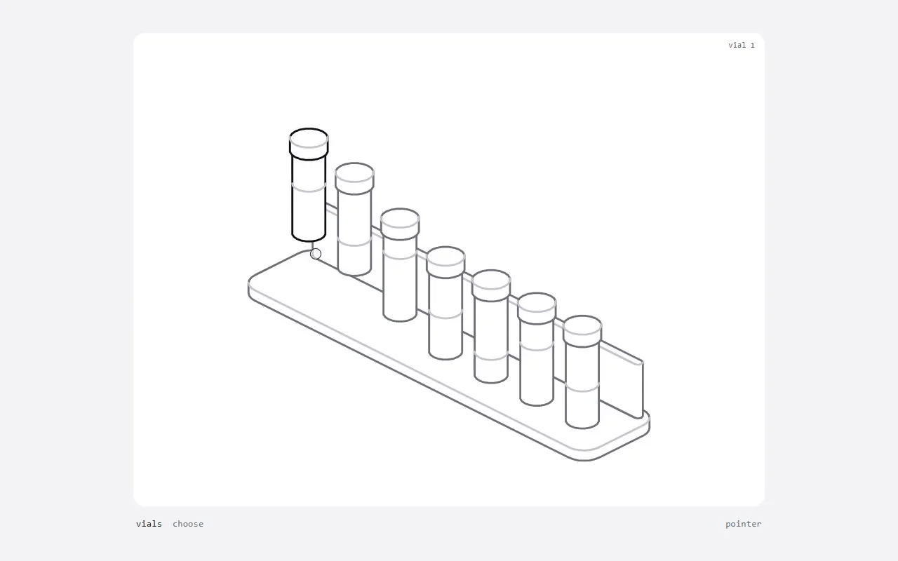 A rack of seven sample vials drawn in fine isometric lines, the chosen vial lifted clear of the rack