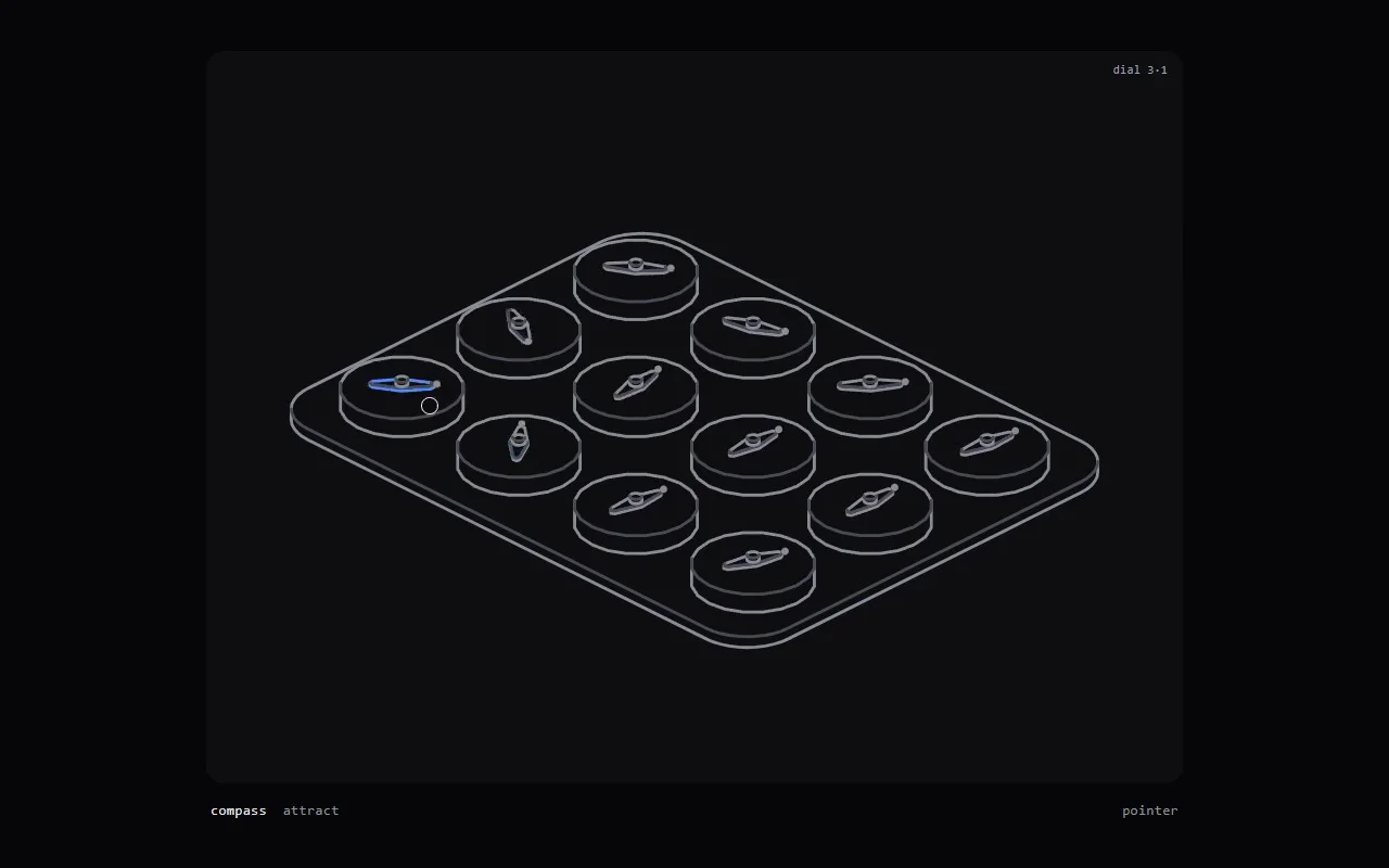 A board of twelve compasses in dark mode, needles swinging toward the pointer and the nearest one lit in blue