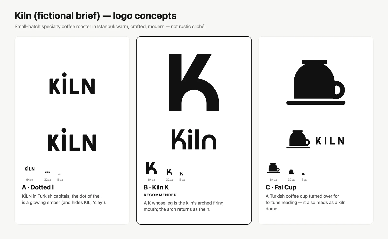 Three logo concepts for Kiln, a coffee roaster