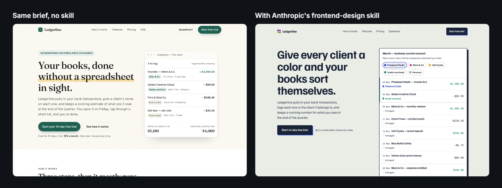 Two versions of the same landing page hero: the default cream and serif page without the skill, and a bolder navy grotesk page with a client-tagging demo made with the frontend-design skill