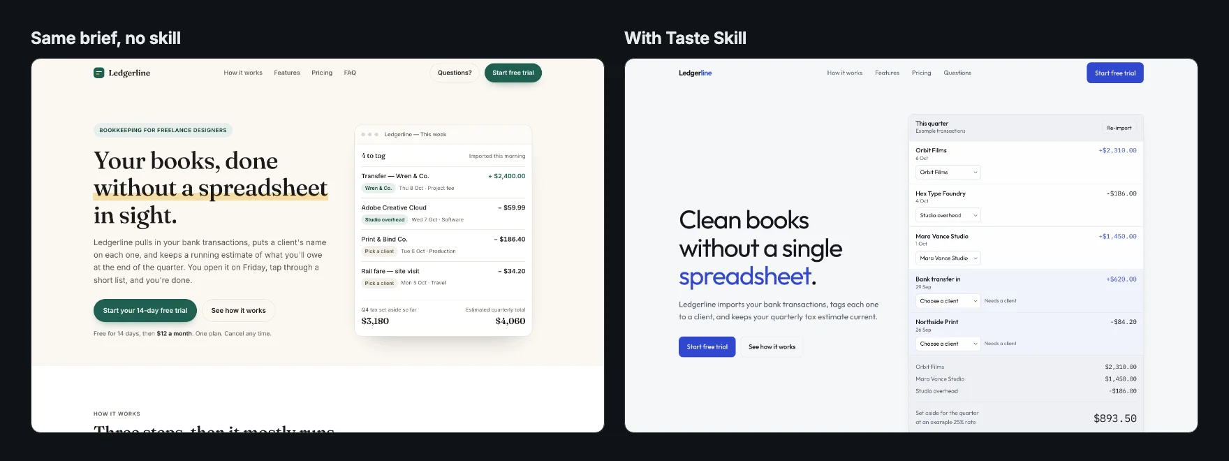 Two versions of the same landing page hero: the default cream and serif page without a skill, and a calm grey page with a blue-accented headline made with Taste Skill