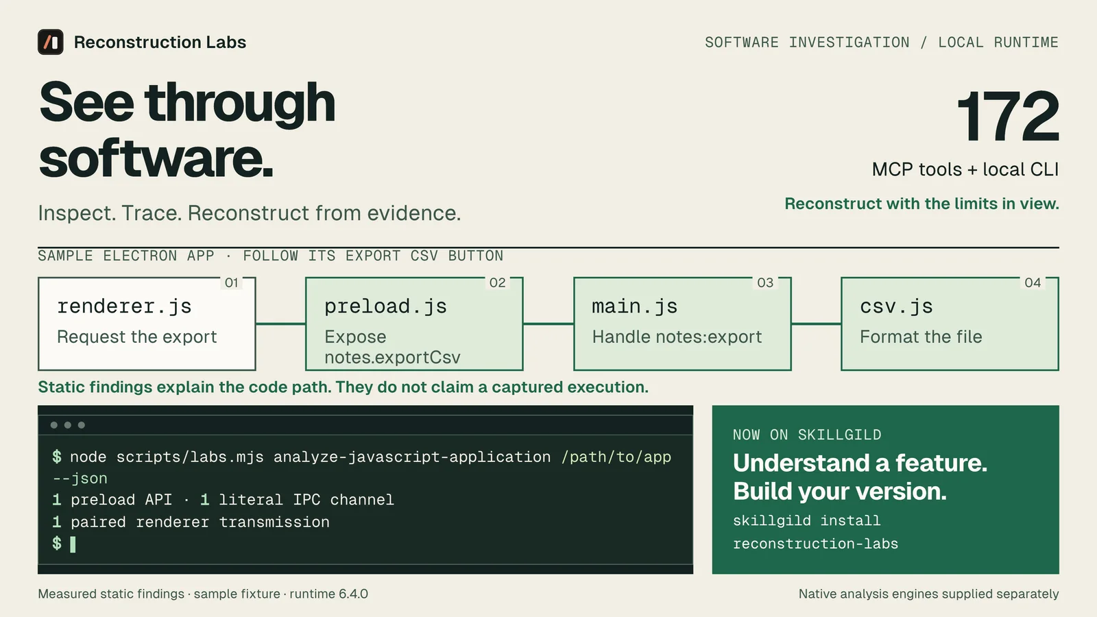 The trace with the caption: static findings explain the code path, they do not claim a captured execution